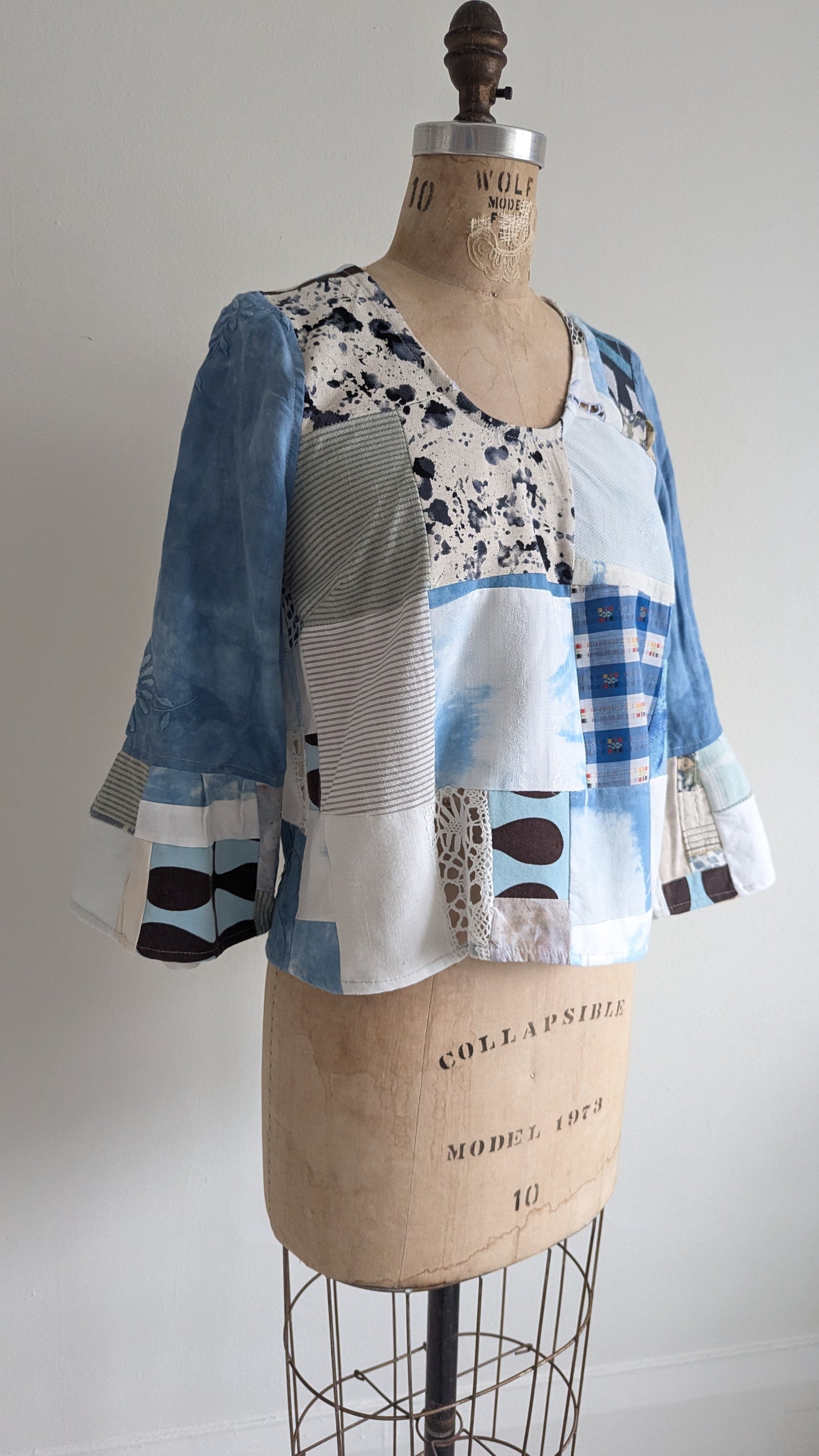 Chloe Top with Vintage Patchworked Embroidered Cotton & Lace Naturally Indigo Dyed Size XS #CHL10