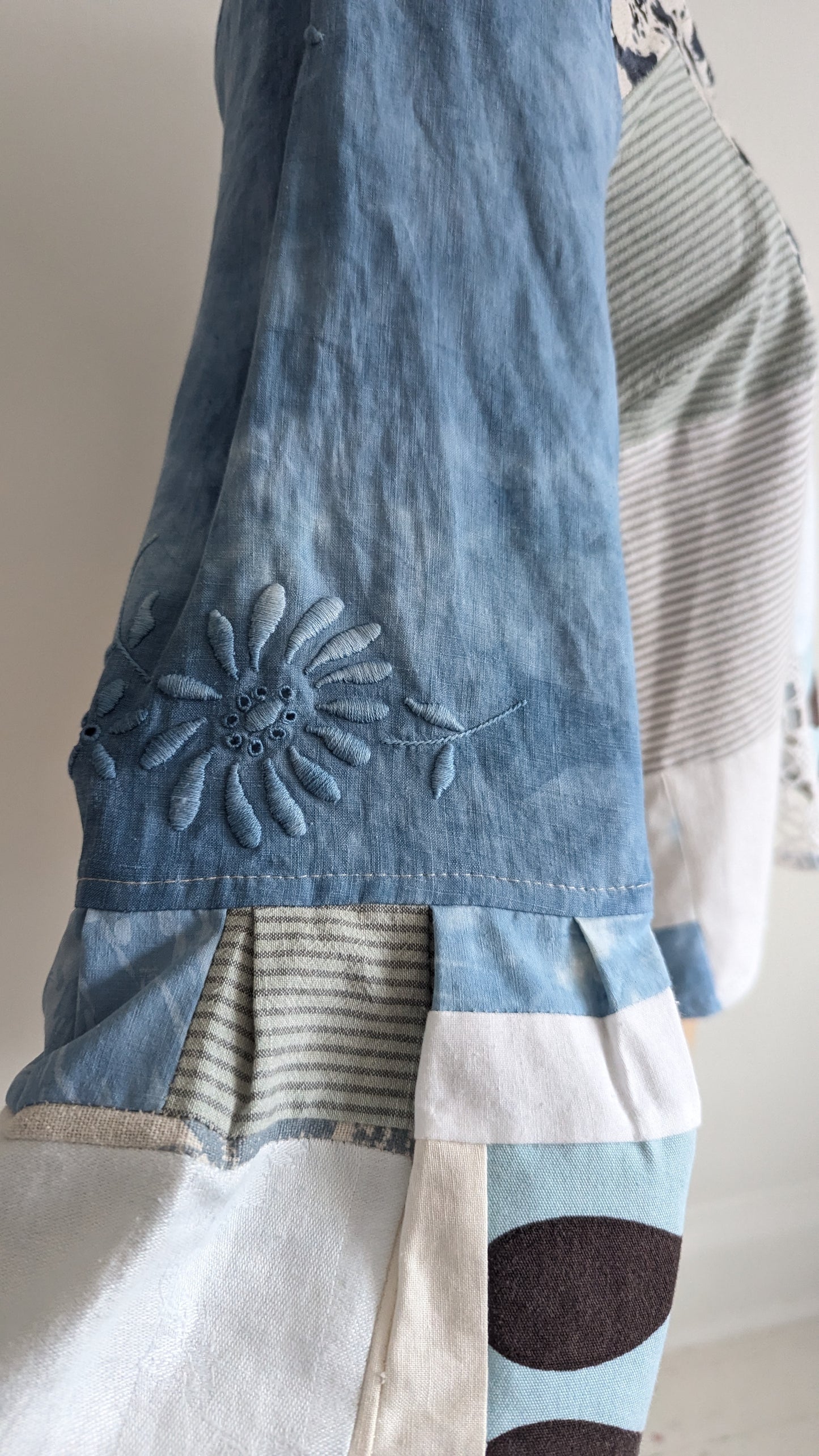 Chloe Top with Vintage Patchworked Embroidered Cotton & Lace Naturally Indigo Dyed Size XS #CHL10