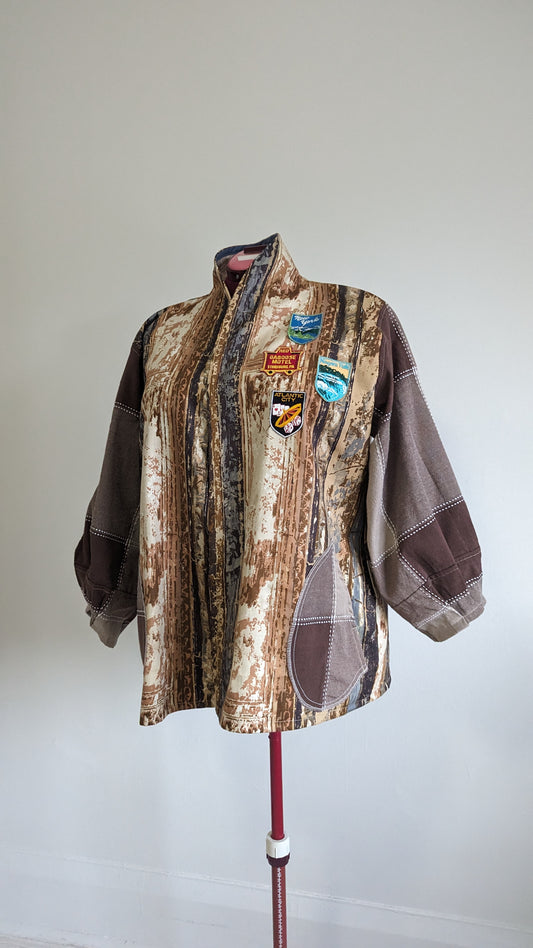 Vivianne Blazer with Upcycled Lightweight Drapery & Vintage Souvenir Travel Patches Size 2X/3X #VIVC6