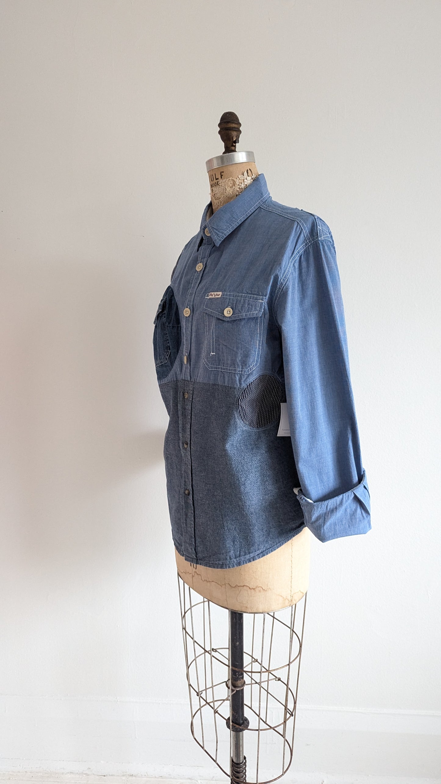 Upcycled Modern Wrangler Workwear Cotton & Denim Shirt - Circle Series Size M #DEN13