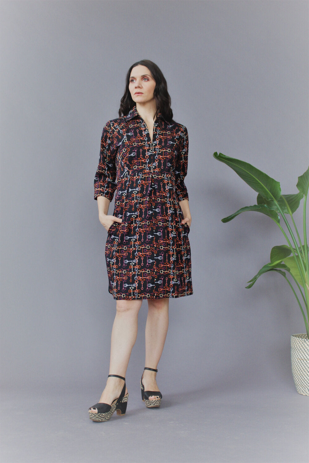 Amelie Shirt Dress ~ Black Horse Bit Print Size XS #AME1