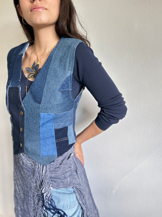Leni Reclaimed Patchwork Denim Vest with Cotton Lining XS #LENI1