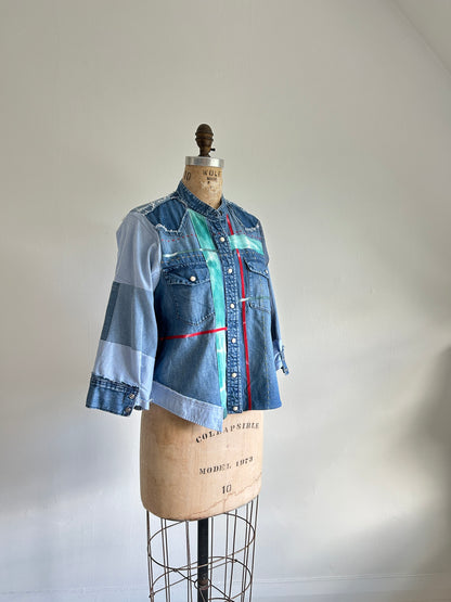 Ellis Reclaimed Patchwork Denim Shirt with Handstitching & Hand Dyed Twill Ribbon S/M #ELL3