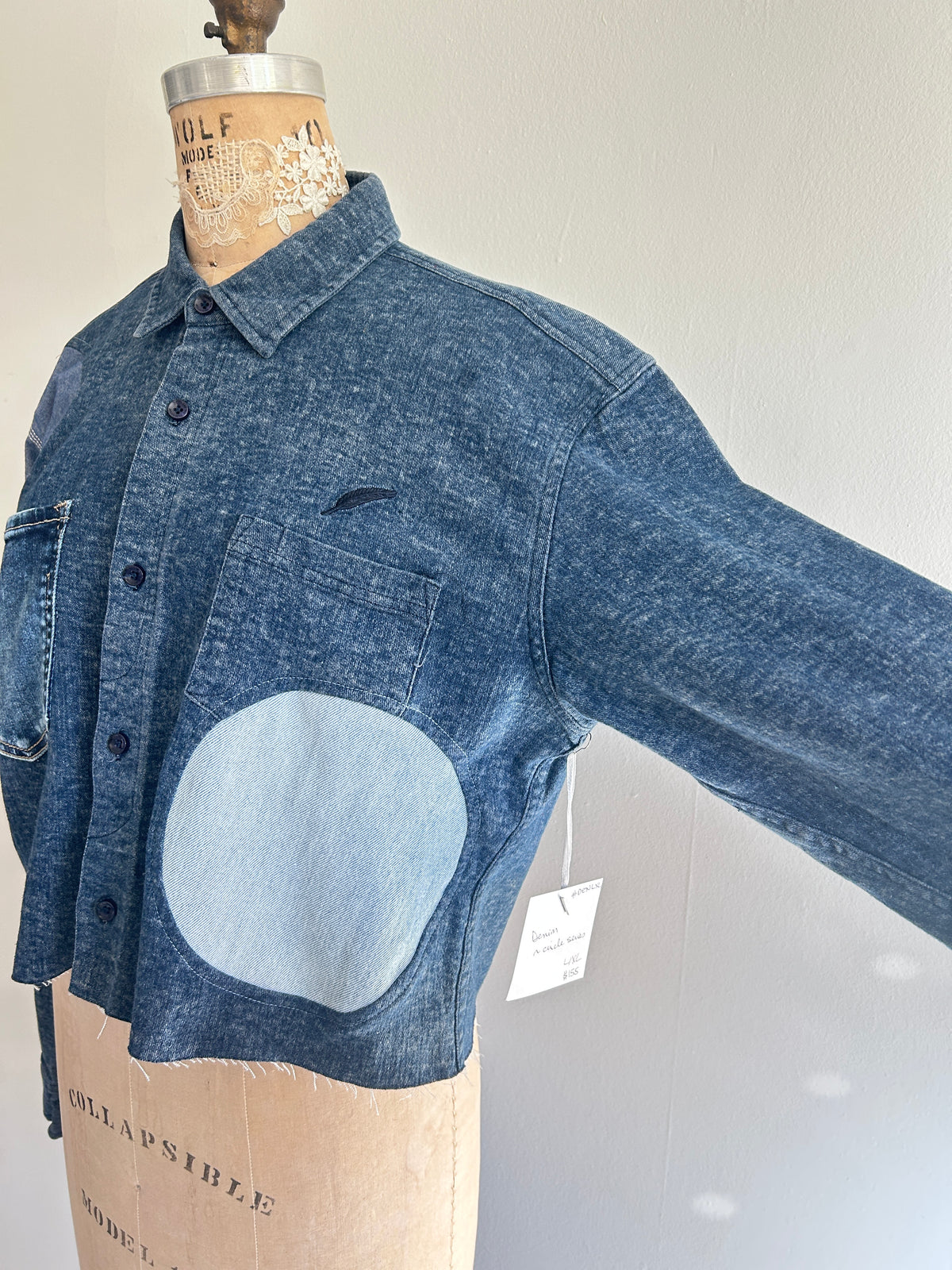 Upcycled Modern Workwear Cropped Denim Shirt - Circle Series Size L/XL #DENLXL2