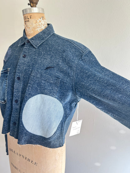 Upcycled Modern Workwear Cropped Denim Shirt - Circle Series Size L/XL #DENLXL2
