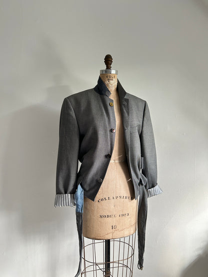 Cropped Upcycled Club Monaco Wool Blazer with Denim Belt Size M/L #BLAZML2