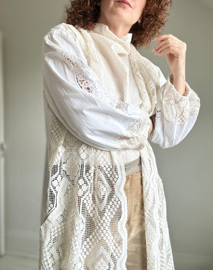 Vivianne Jacket with Upcycled Vintage Cut Lace Cotton & Crochet Boho Draperies & Crochet  Size M/L #CVCJML100