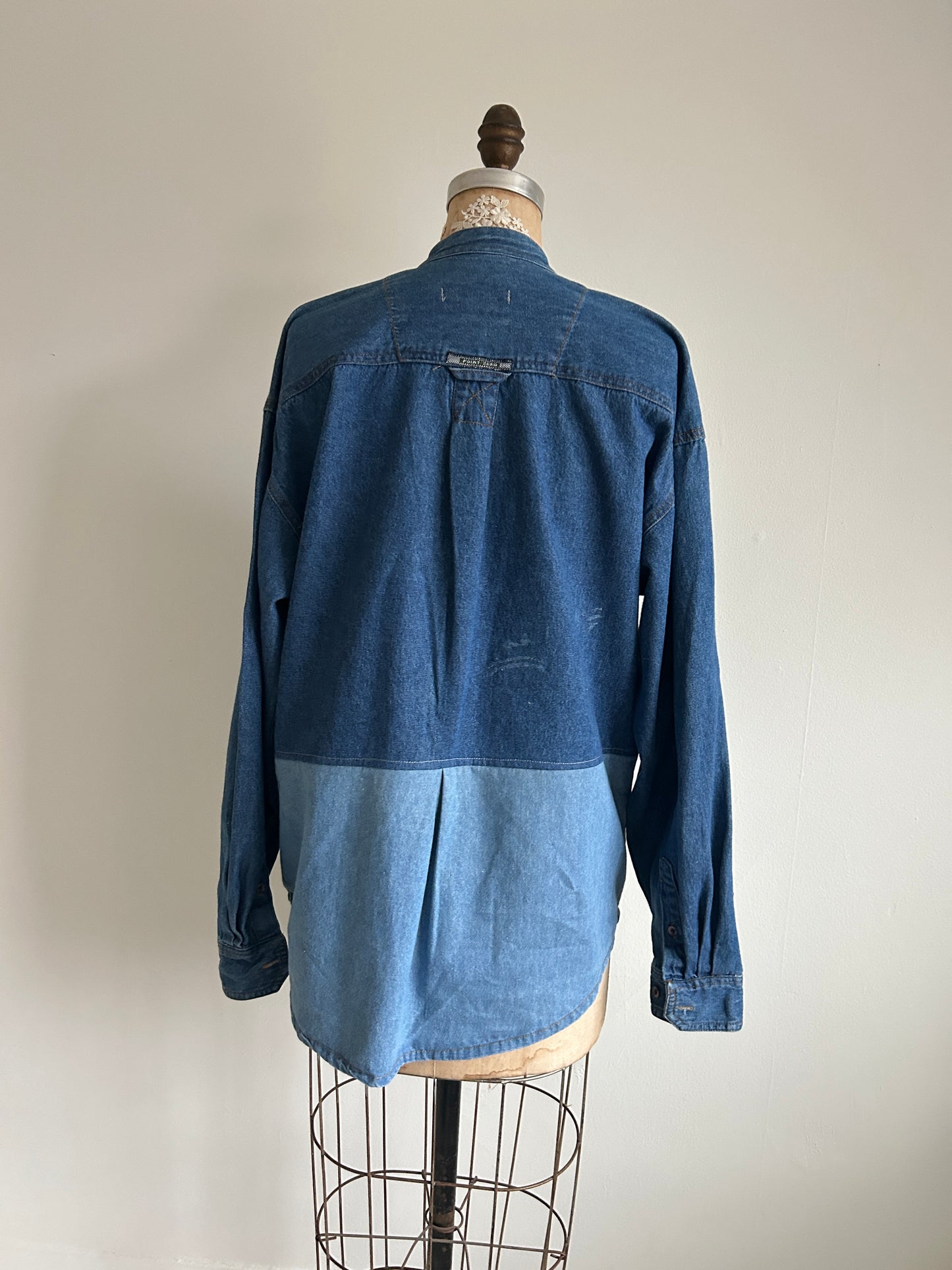 Upcycled Modern Workwear Wrangler Denim Shirt - Circle Series Size L/XL #DBML7