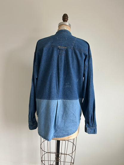 Upcycled Modern Workwear Wrangler Denim Shirt - Circle Series Size L/XL #DBML7