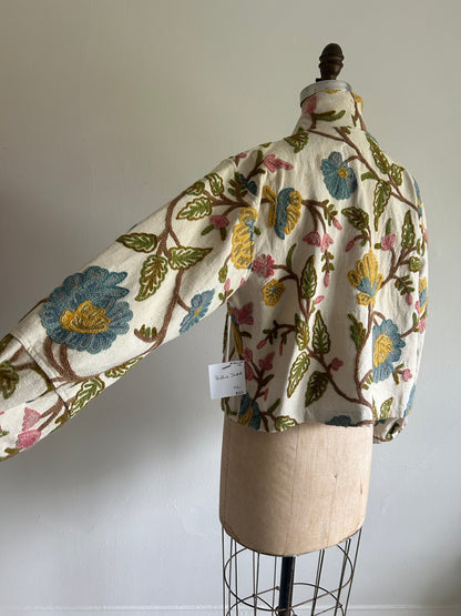 Billie Zip Up Cropped Jacket with Upcycled Vintage Crewel Wool Draperies Size M/L #BILLMLCR11
