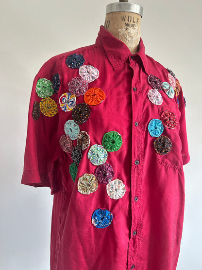 Vintage Silk Blouse with YoYo Quilt Appliqué Size M/L #YOYO3