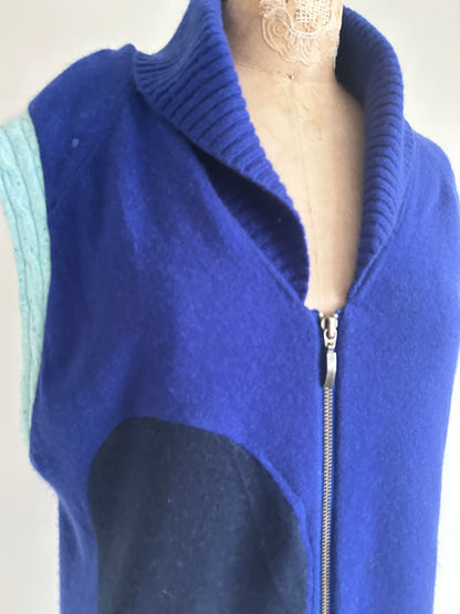 Abstract Art Patched Upcycled 2 Way Zipup Cashmere Vest Size L/XL #CAVLXL33