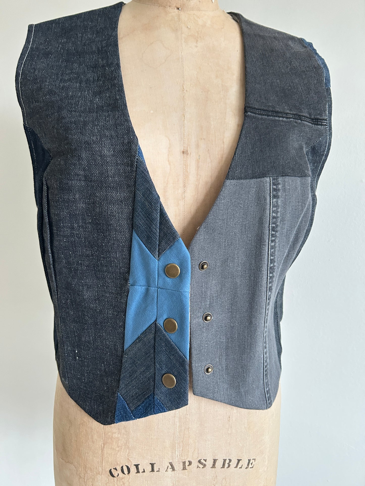 Leni Reclaimed Patchwork Denim Vest with Cotton Lining M/L #DVML13