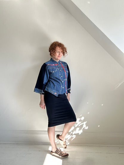 Ellis Reclaimed Patchwork Denim Shirt with Handstitching & Hand Dyed Twill Ribbon S/M #ELL16