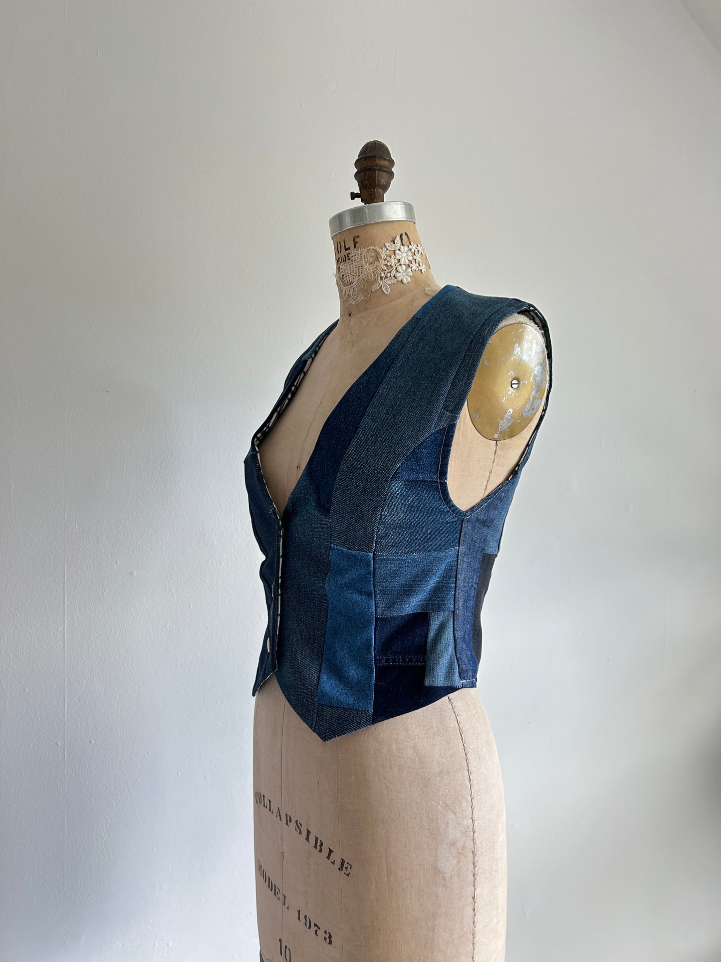 Leni Reclaimed Patchwork Denim Vest with Cotton Lining XS #LENI1