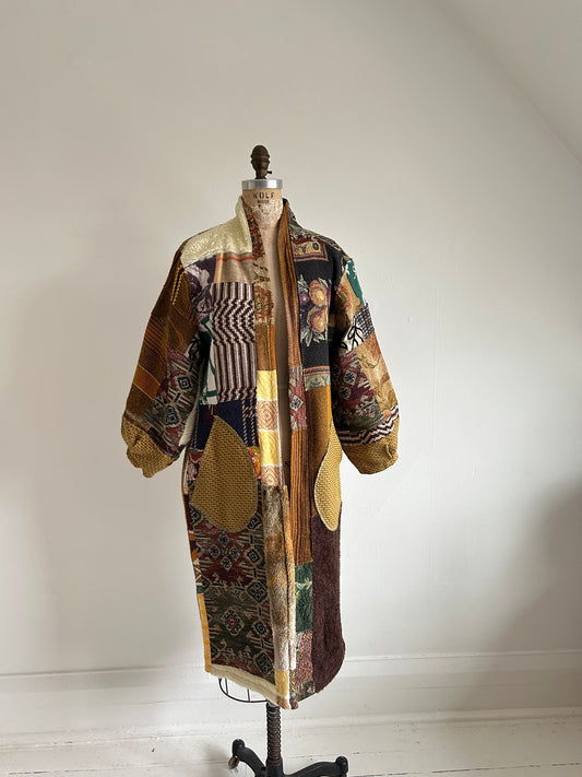 Vivianne Duster Upcycled Vintage Draperies, Throw & Fleece Blankets Patchwork Size S/M #CVDTSM29