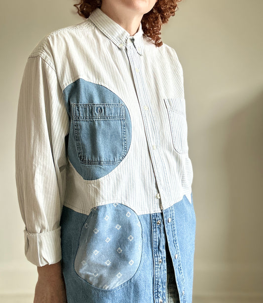 Upcycled Modern Workwear Denim Shirt - Circle Series Size XL/2X #DEN10