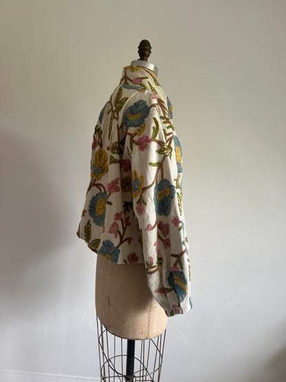 Billie Zip Up Cropped Jacket with Upcycled Vintage Crewel Wool Draperies Size M/L #BILLMLCR11