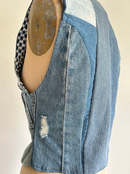 Leni Reclaimed Patchwork Denim Vest with Cotton Lining S/M #LENI3