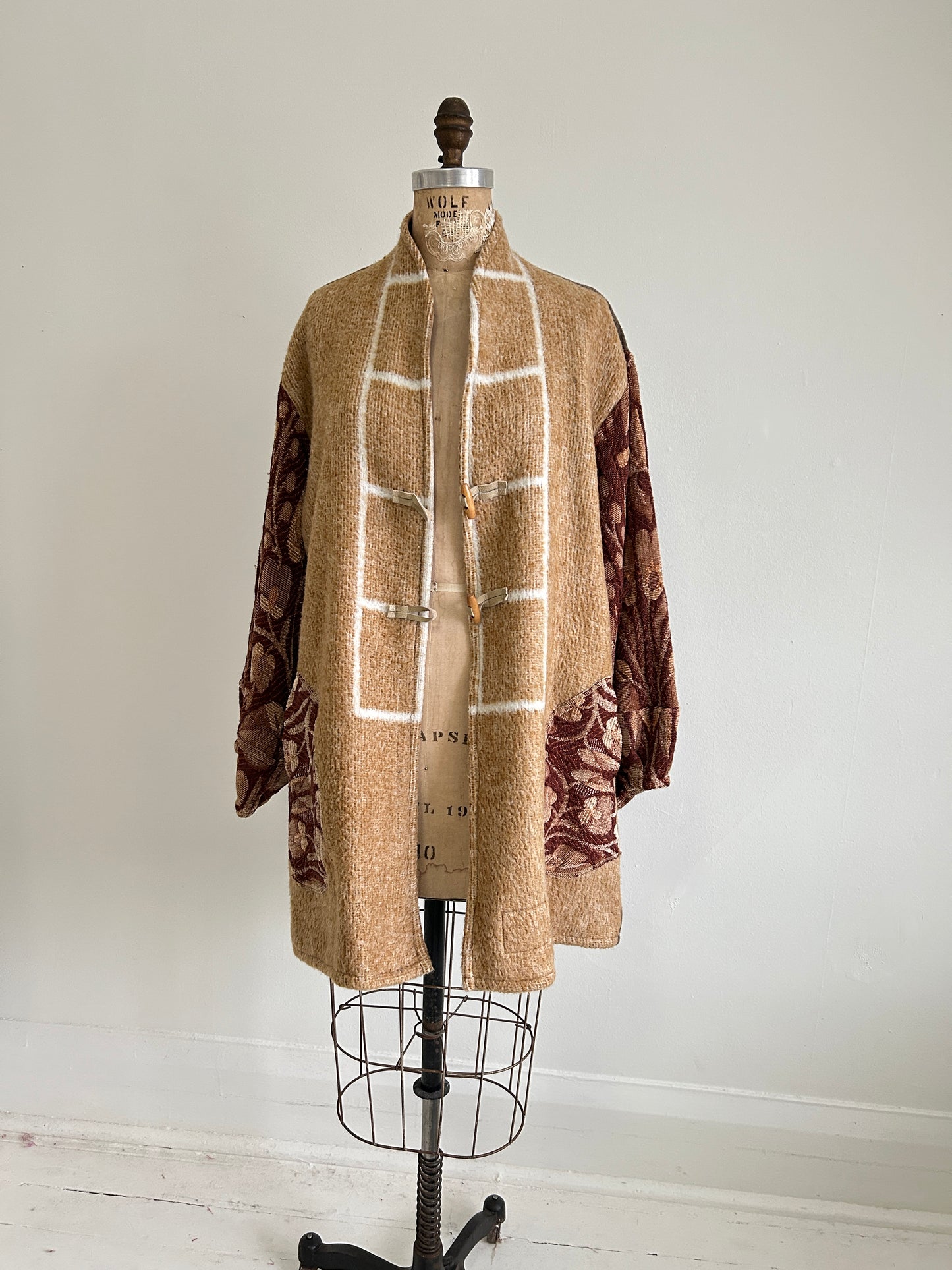 Vivianne Jacket with Upcycled Vintage Wool & Throw Blanket & Leather & Wooden Toggles Size XL/2X #CVJWX2X44