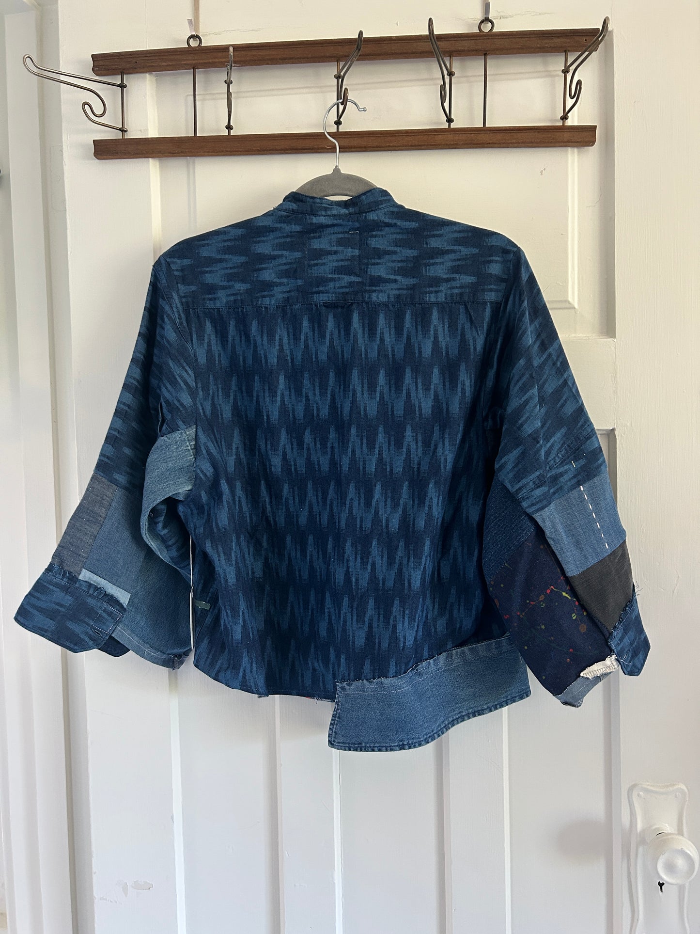 Ellis Reclaimed Patchwork Denim Ikat Shirt with Handstitching & Hand Dyed Twill Ribbon L/XL #ELL7
