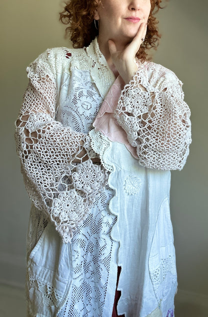 Vivianne Duster with Upcycled Cotton Crochet & Lace Patchwork  Size M/L #VIVCR8