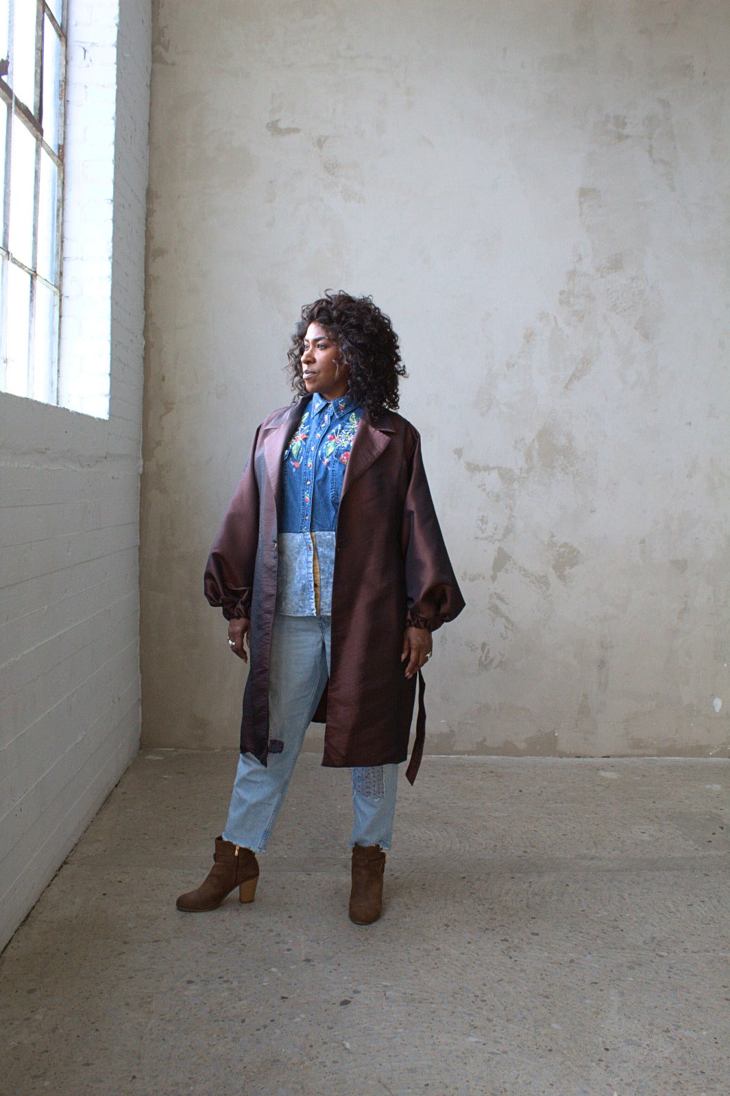 Upcycled Modern Workwear Denim Shirt - Circle Series with hand painting Size XL/2X #DEN1