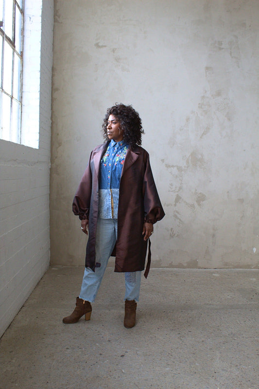 Upcycled Modern Workwear Denim Shirt - Circle Series with hand painting Size XL/2X #DEN1