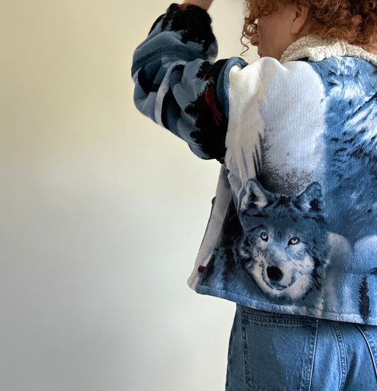 Vivianne Cropped Jacket with Upcycled Fleece Throw Blanket Wolf Size M/L #VIVFLE2