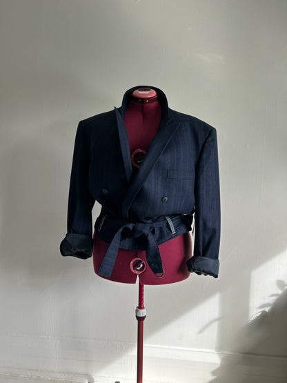 Cropped Upcycled Bellissimo Virgin Wool Blazer with Denim Belt Size 2X/3X #BLAZ23X6