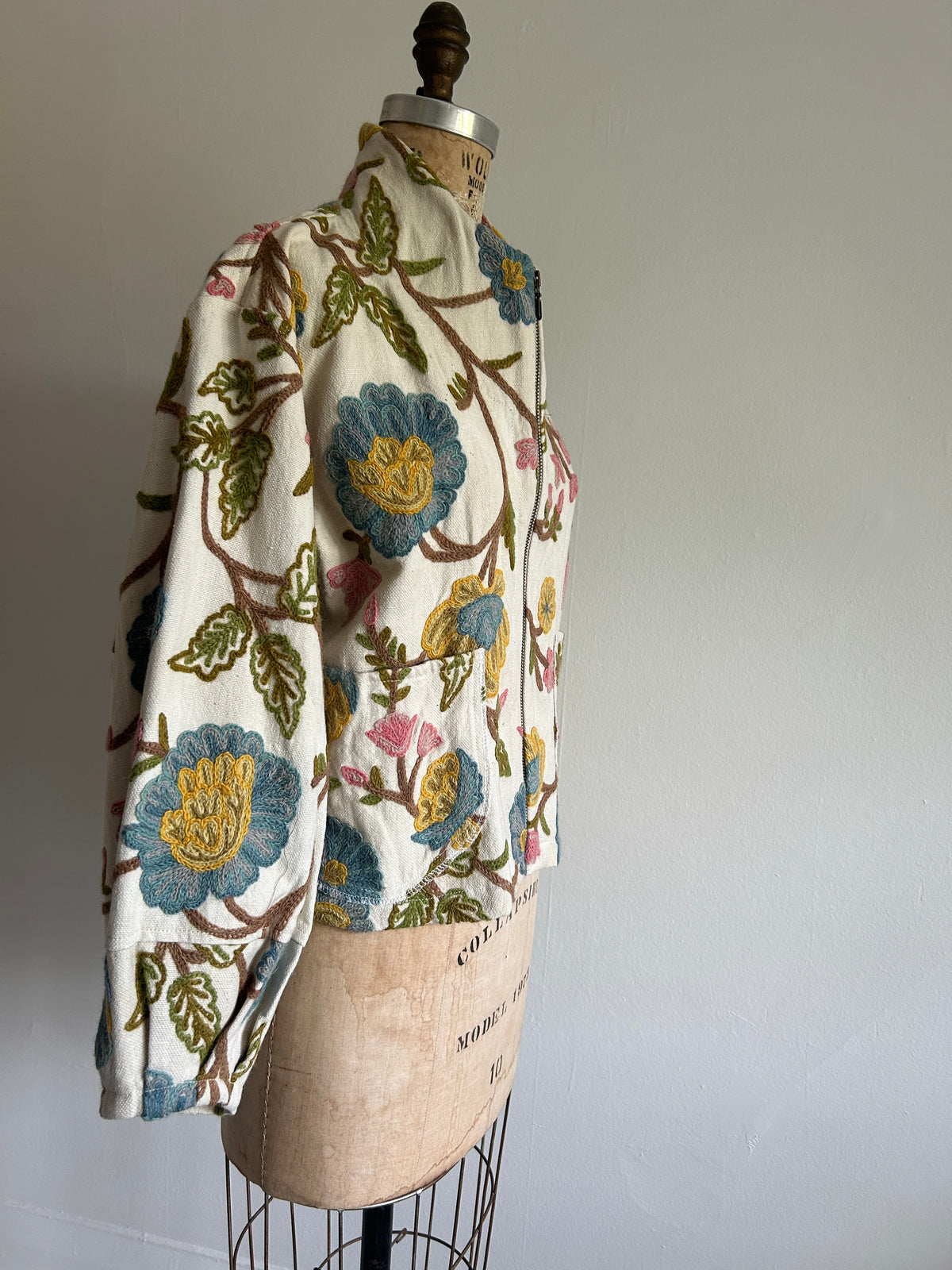 Billie Zip Up Cropped Jacket with Upcycled Vintage Crewel Wool Draperies Size M/L #BILLMLCR11