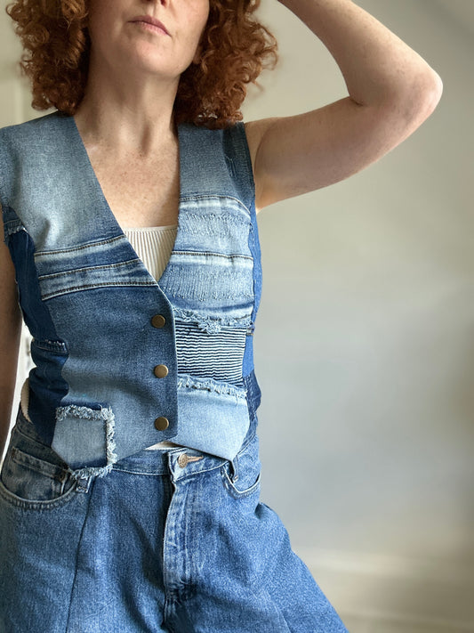 Leni Reclaimed Patchwork Denim Vest with Cotton Lining S/M #LENI4