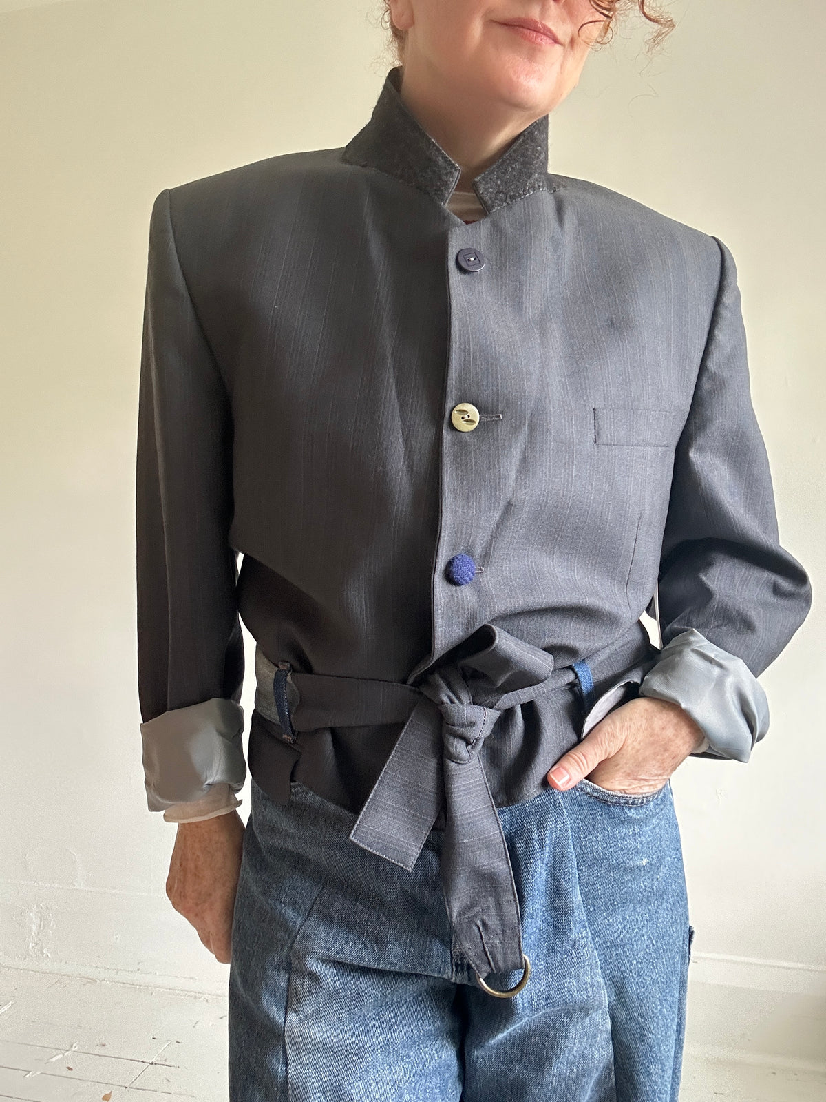 Cropped Upcycled Jonathan Ryan Classics Virgin Wool Blazer with Denim Belt Size L/XL #BLAZX2X1