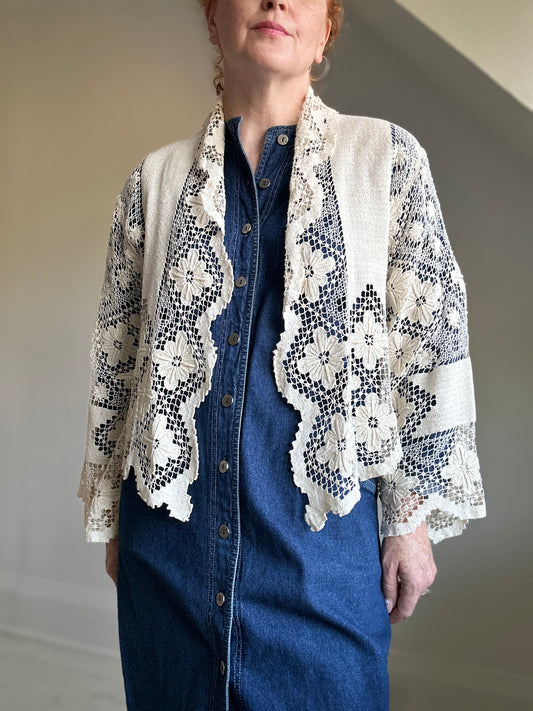 Vivianne Cropped Jacket Upcycled  Vintage Cotton Crochet Size S/M #VIVCR12