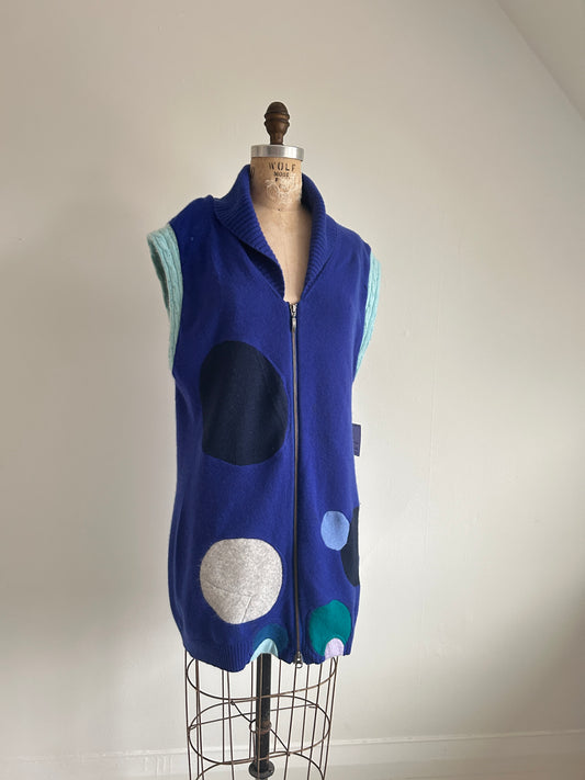 Abstract Art Patched Upcycled 2 Way Zipup Cashmere Vest Size L/XL #CAVLXL33