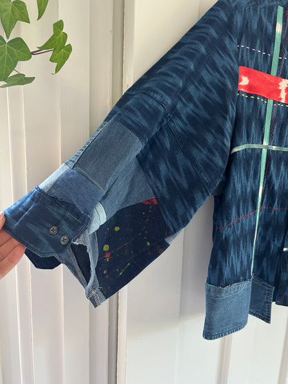 Ellis Reclaimed Patchwork Denim Ikat Shirt with Handstitching & Hand Dyed Twill Ribbon L/XL #ELL7