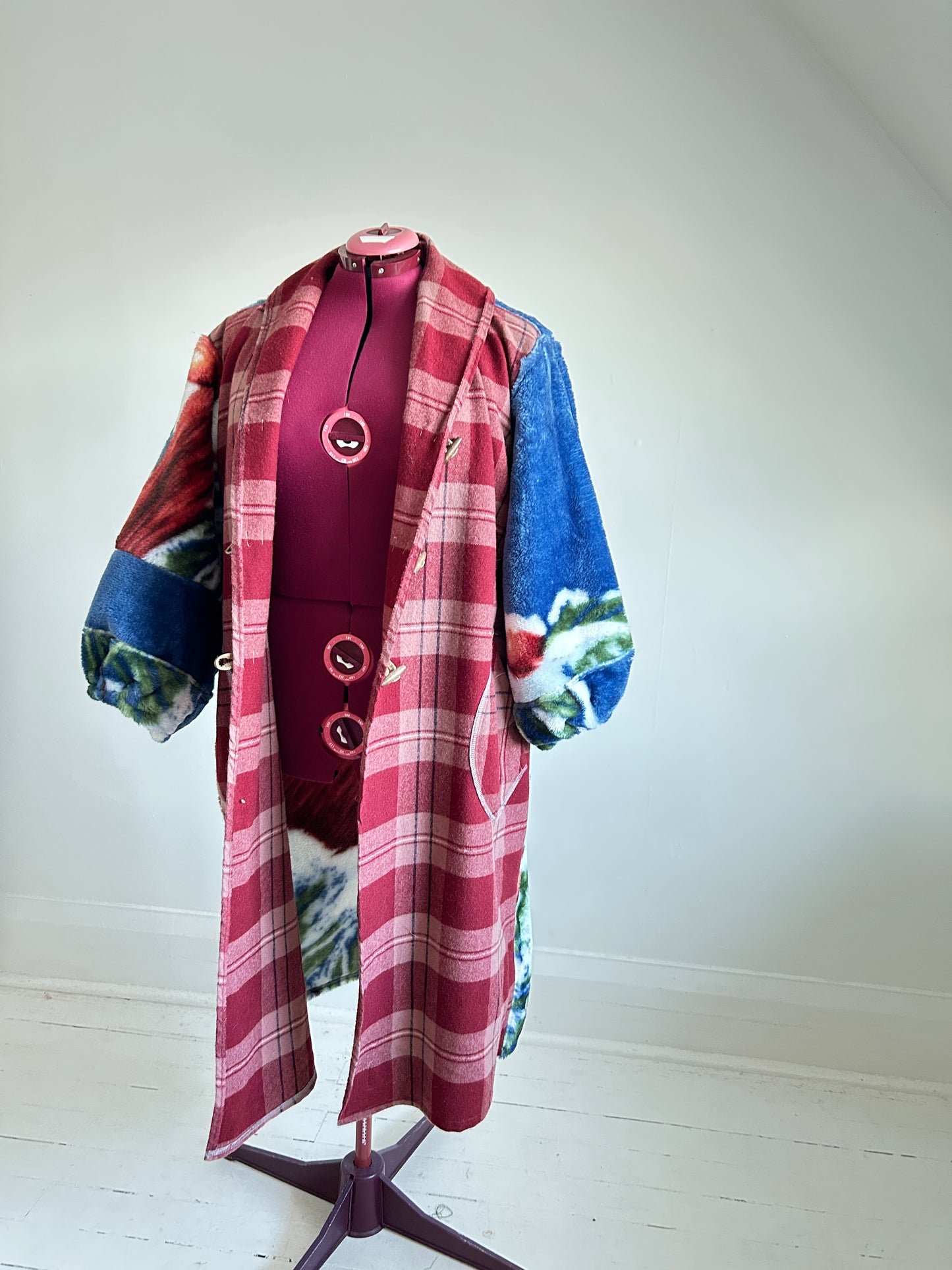 Vivianne Jacket with Upcycled Vintage & Fleece Wool Blanket & Leather & Wooden Toggles Cardinal Theme Size XL/2X #CVJWX2X48