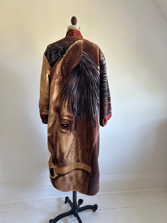 Vivianne Duster with Upcycled Fleece & Velvet Brocade Throw Blanket Horse Theme Size M/L #CVDFML5