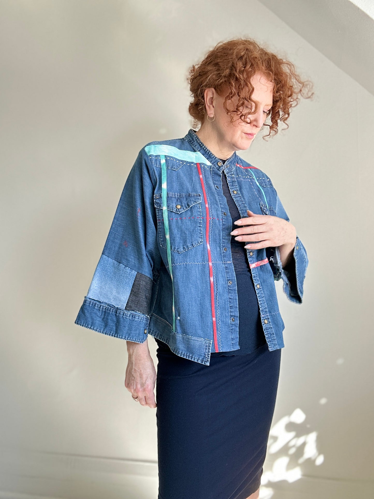 Ellis Reclaimed Patchwork Wrangler Denim Shirt with Handstitching & Hand Dyed Twill Ribbon XL/2X #ELL1