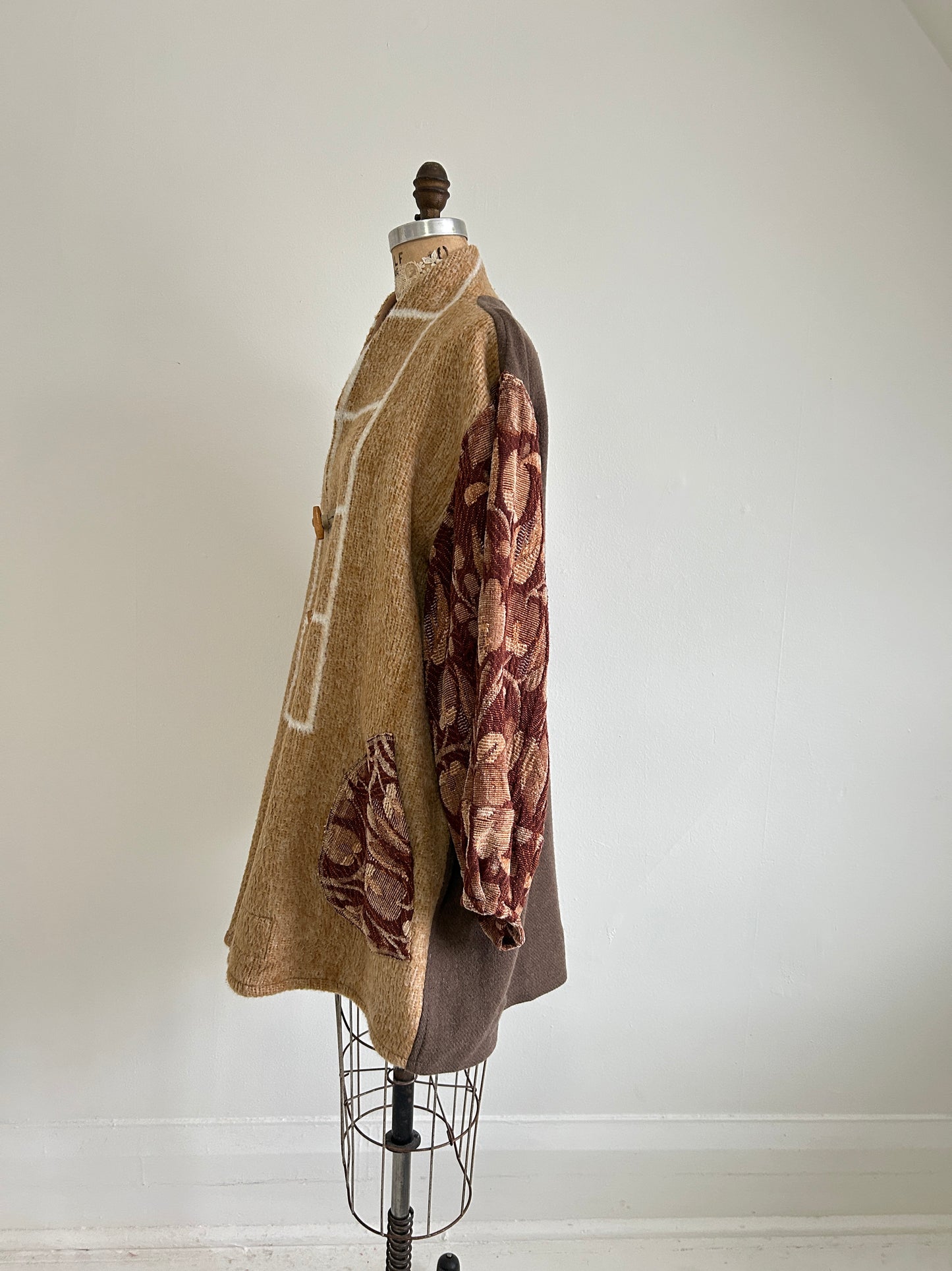 Vivianne Jacket with Upcycled Vintage Wool & Throw Blanket & Leather & Wooden Toggles Size XL/2X #CVJWX2X44