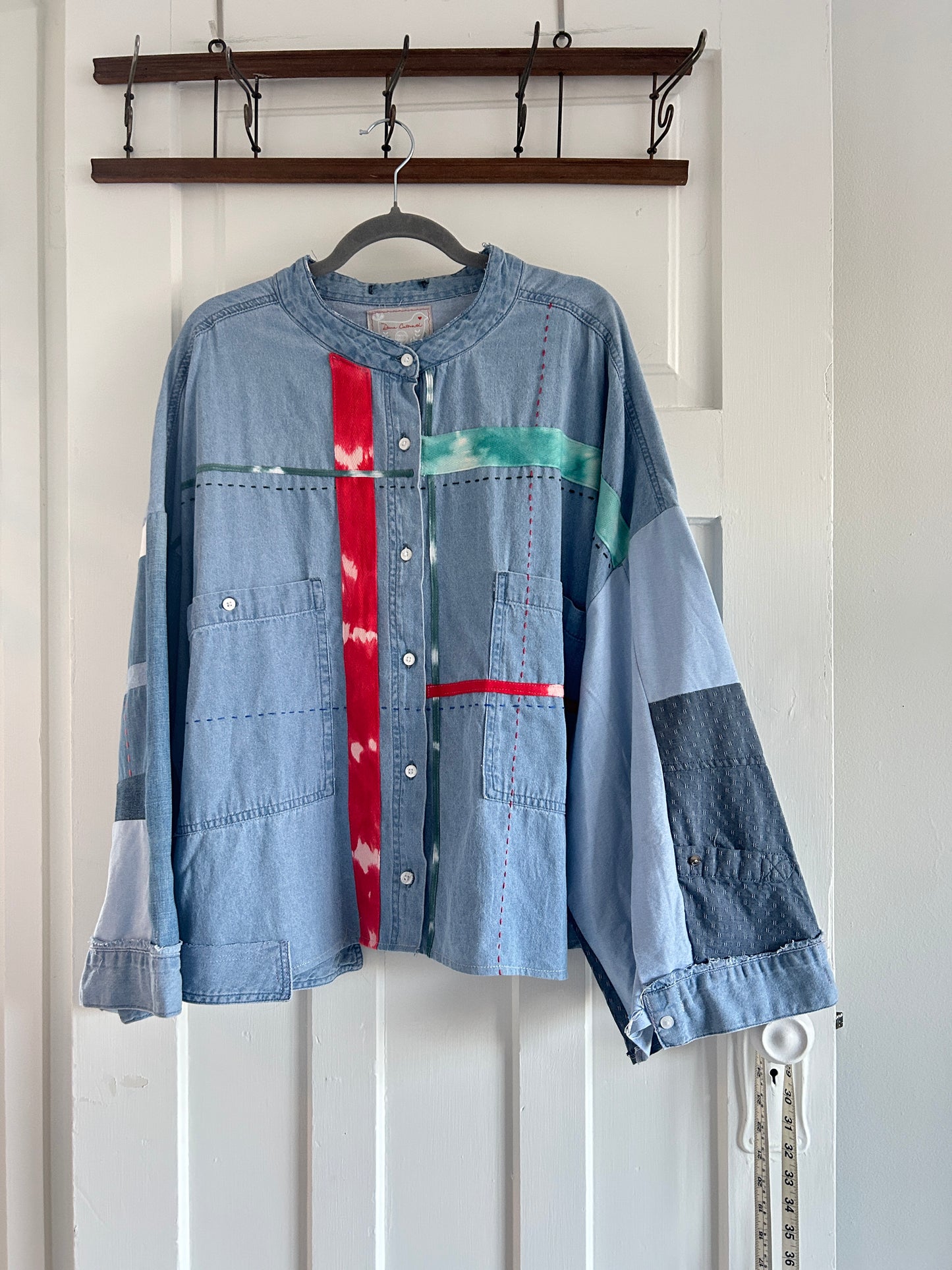 Ellis Reclaimed Patchwork Wrangler Denim Shirt with Handstitching & Hand Dyed Twill Ribbon 3X/4X #ELL11