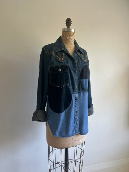 Upcycled Modern Workwear Wrangler Denim Shirt - Circle Series Size M/L #DBML4