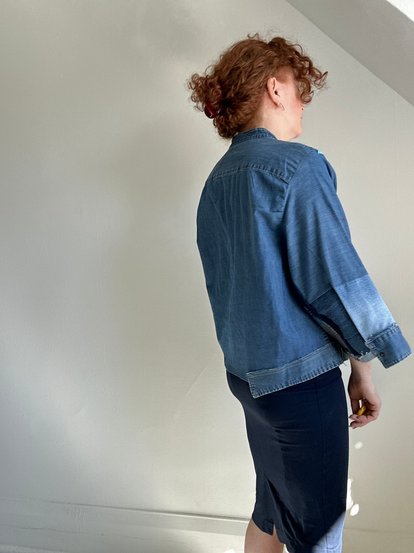 Ellis Reclaimed Patchwork Wrangler Denim Shirt with Handstitching & Hand Dyed Twill Ribbon XL/2X #ELL1