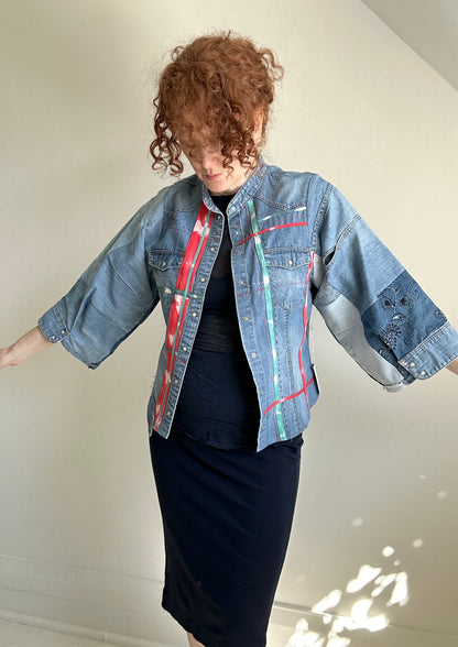 Ellis Reclaimed Patchwork Denim Shirt with Handstitching & Hand Dyed Twill Ribbon S/M #ELL15