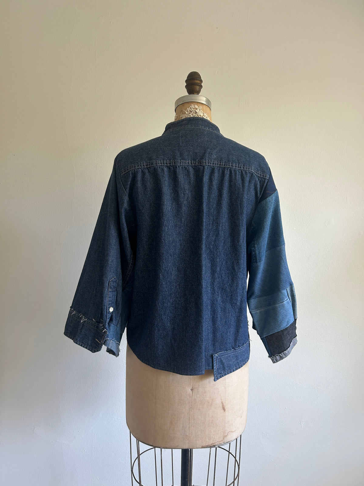 Ellis Reclaimed Patchwork Denim Shirt with Handstitching & Hand Dyed Twill Ribbon L/XL #ELL2