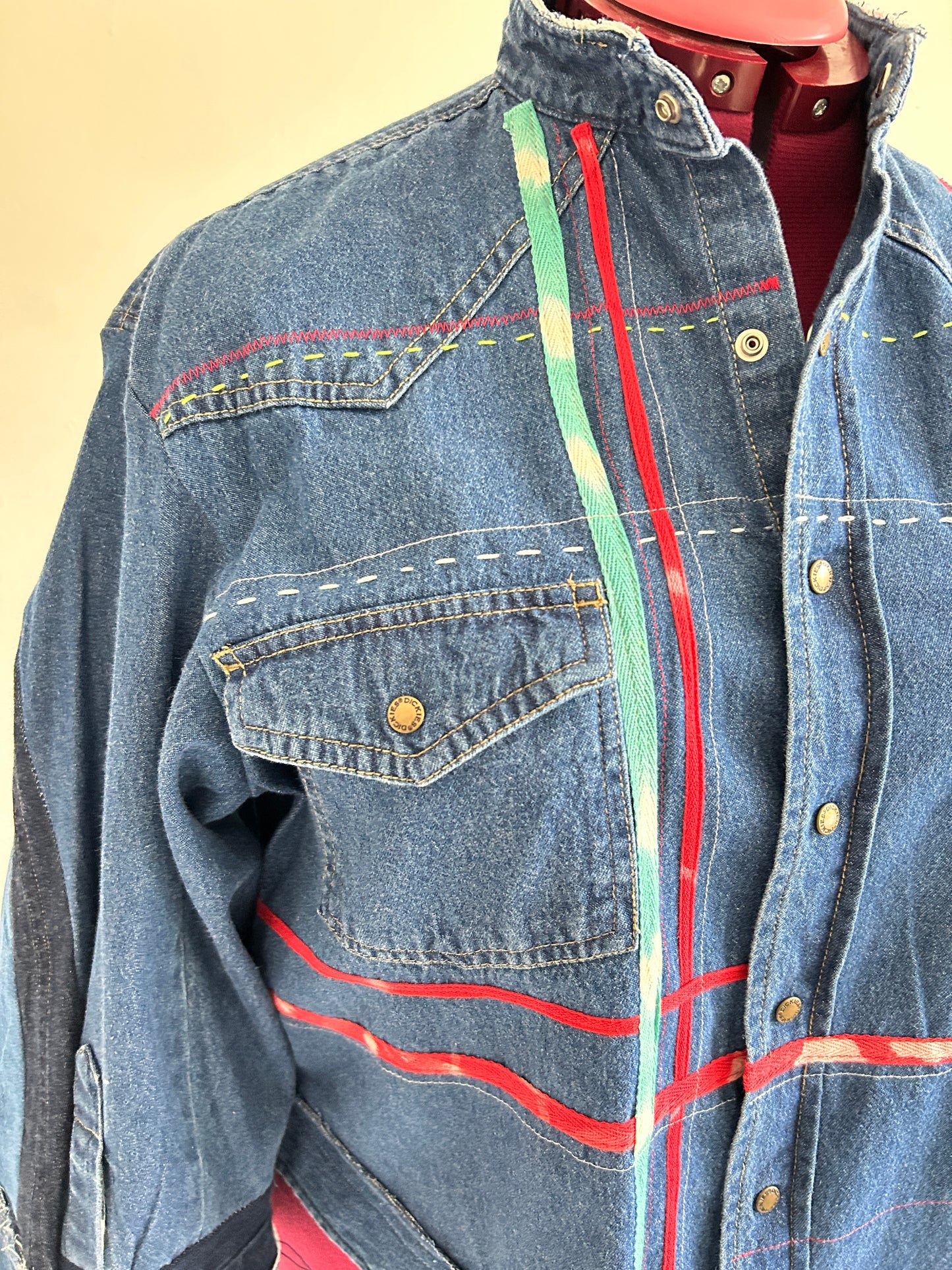 Ellis Reclaimed Patchwork Dickies Denim Shirt with Handstitching & Hand Dyed Twill Ribbon XL/2X #ELL10