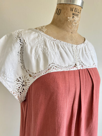 Peony Top - One of a Kind Upcycled Vintage Cut Lace Cotton & Linen Size L #PEO25