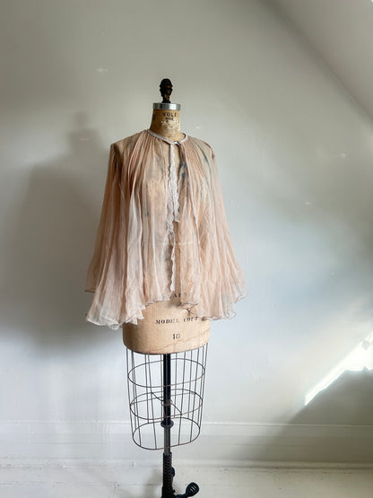 Ethereal Vintage Peachy Beige Sheer Hand dyed Pleated Top Size up to L #VIN2