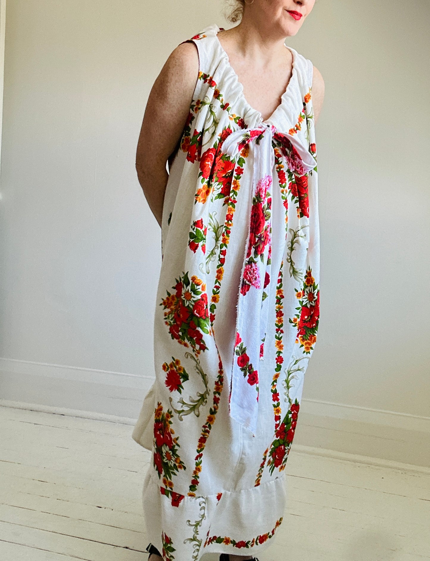 Marlowe Maxi Dress with Upcycled Vintage Linen Tablecloth O/S # MAR6
