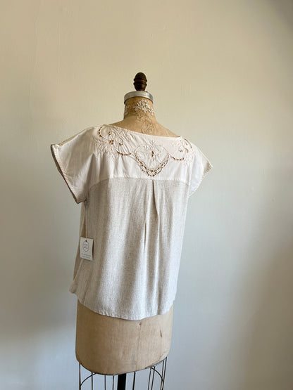 Peony Top - One of a Kind Upcycled & Vintage Cut Lace Cotton & Linen Size L #PEO16